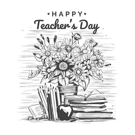 Vector happy teachers day sketch with fl... | Premium Vector #Freepik #vector #teachers-day #world-teachers-day #happy-teachers-day #teacher-day-background Sketch For Teachers Day, Teachers Day Sketch, Teacher Day Drawings Ideas, National Teachers Day, Teacher's Day Card Ideas, Teachers Day Drawing, Happy Teacher Day, Eco Club, Happy Teachers Day Wishes