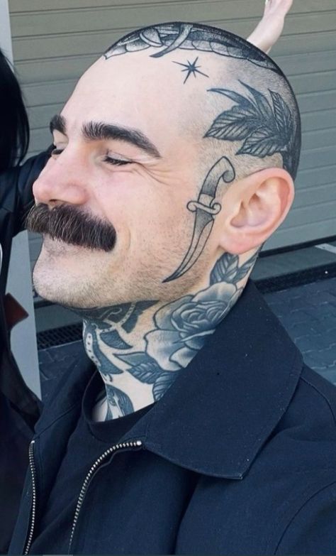 Acme Tattoo, Bald Tattoo, Bald Head Tattoo, Noxus League Of Legends, Scalp Tattoo, Moustaches Men, Animal Sleeve Tattoo, Bald Men Style, Special Tattoos