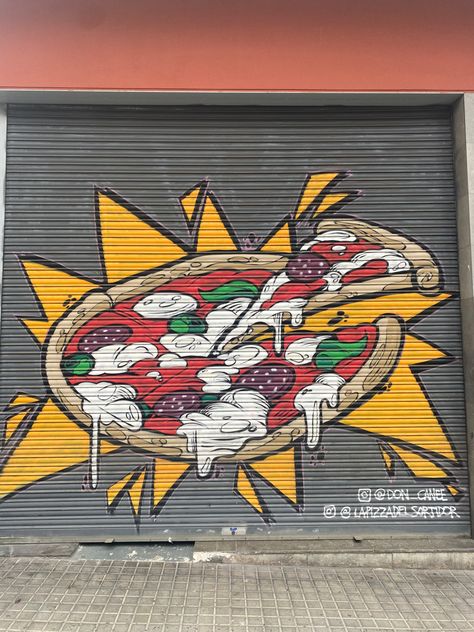 Pizza Mural, Pizza Graffiti Street Art, Restaurant Graffiti Wall Art, Old School Pizza, Barcelona Graffiti, King Painting, Art Restaurant, Pizza Art, Black And White Art Drawing