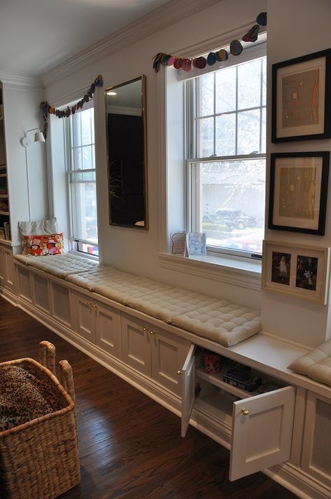 Another shot of the Chicago apt. windows & built-ins! Built In Cabinets Under Windows, Window Seat Cupboards, Under Window Cabinets Built Ins, Low Bench Under Window, Under Window Cabinet, Under Window Bench With Storage, Window Storage Ideas, Bench Seating Living Room, Bench Under Window Living Room