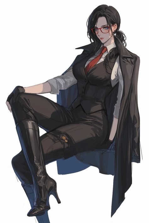 Masc Women Character Art, Women In Suits Fanart, Uncle Character Design, Anime Boss Woman, Office Worker Character Design, Secretary Character Design, Female Scientist Art, Anime Business Women, Female Detective Character Design