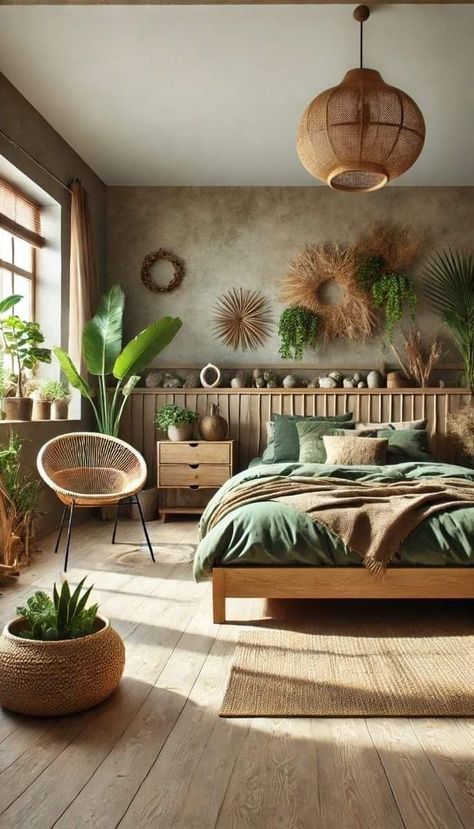 Rattan And Green Bedroom, Earth Tones Bedroom Ideas, Natural Stone Bedroom, Desert Style Bedroom, Earth Bedroom Aesthetic, Green And Brown Bedroom Ideas, Bedroom Boho Style, Brown Bedding, Bedroom Furniture Inspiration