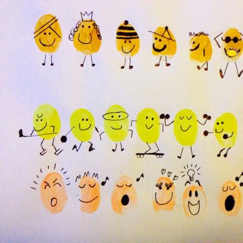 Friendship Fingerprint Art, Fingerprint Characters, Thumb Painting, Friendship Canvas, Fingerprint Cards, Thumbprint Art, Doodle People, Dotted Drawings, Colorful Canvas Art