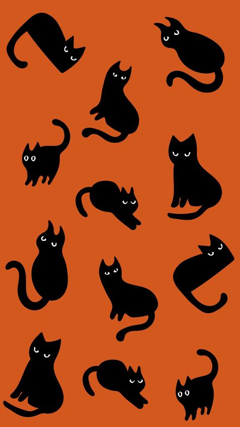 Cute black cats on a orange background. Free download wallpaper for Halloween. Cute Cat Halloween Wallpaper, Cute Halloween Cat Wallpaper, Halloween Tablet Wallpaper, Halloween Wallpaper Tablet, Halloween Wallpaper Black Cat, Halloween Black Cat Wallpaper, Spooky Cat Wallpaper, Halloween Home Screen Wallpaper, Halloween Patterns Wallpaper