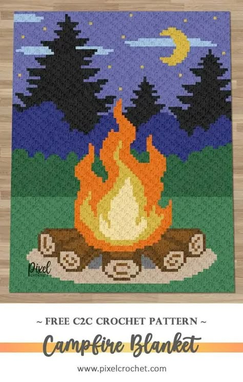 Outdoorsy Crochet Blanket, Pixelated Crochet Blanket, Campfire Crochet Blanket, Themed Crochet Blankets, Camp Crochet, Graphgan Crochet Patterns, Crochet Graphgan Patterns Free, Crochet Pattern Pixel, Graphgan Patterns Free