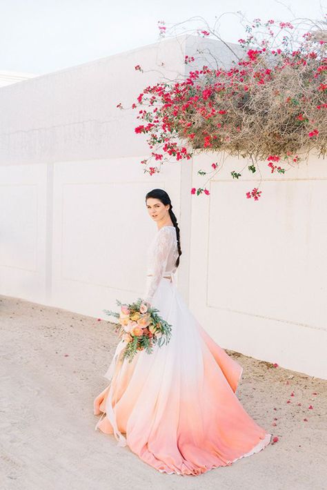 B.LOVED Blog explores the 2019 wedding trend 'Living Coral' for a modern, fun, bright wedding filled with statement floral design. All the things we love! Ombre Wedding Dresses, November Wedding Dresses, Dye Wedding Dress, Ombre Wedding Dress, Contemporary Bridal, Two Piece Wedding Dress, Ombre Wedding, Bridesmaid Bouquets, Bright Wedding