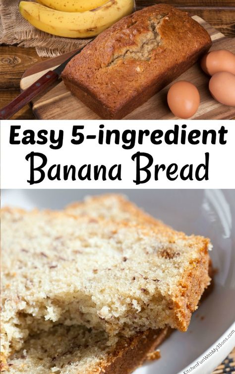 Easy 5-ingredient Banana Bread Recipe. This is the most moist and soft banana bread ever. #food #recipe #bananas #yummy #bananabread Simple Breads, Quick Banana Bread Recipe, 3 Ingredient Banana Bread, 3 Ingredient Banana Bread Recipe, Quick Banana Bread, Banana Bread Recipe Easy Moist, Cake Mix Banana Bread, Banana Recipes Easy, Banana Bread Recipe Healthy