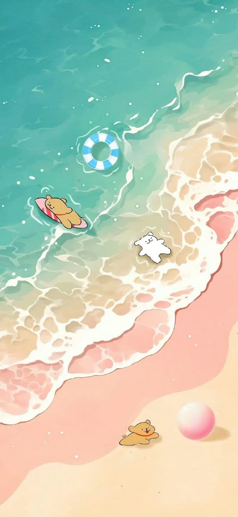 Cute Relaxing Wallpaper, Bright Cute Wallpapers, Beach Drawing Wallpaper, Water Poster Ideas, Anime Beach Wallpaper, Kawaii Summer Wallpaper, Cute Genshin Wallpaper, Aesthetic Wallpaper Ipad Horizontal, Cute Beach Wallpapers