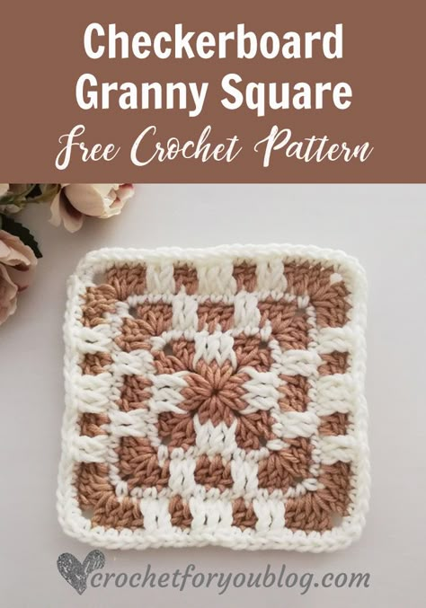 Crochet Checkerboard Granny Square Free Pattern - Crochet For You #crochetforyoublog #grannysquare #crochetcheckerboard #freecrochetpattern Checkerboard Granny Square, Crochet Borders For Blankets, Crochet Squares Afghan, Granny Square Crochet Patterns Free, Crochet Motif Patterns, Crochet Blocks, Crochet Granny Square, Crochet Square Patterns, Granny Squares Pattern