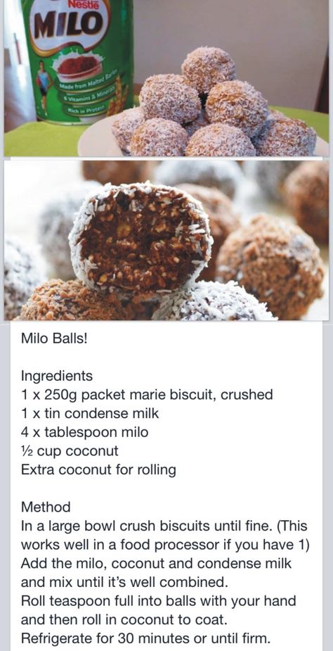 Milo Balls Easy Food Recipes, Easy Food, A Pizza, Biscuit Recipe, Sweet Snacks, Diy Food Recipes, Cooking And Baking, Sweet Recipes, Christmas Food