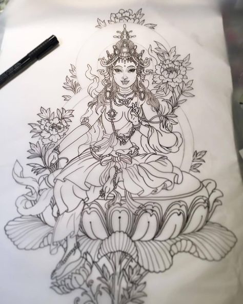 i like horimono. — Green Tara for next week. #homework by colinbaker... Tara Tattoo, White Tara, Tattoo Flowers, Thai Tattoo, Irezumi Tattoos, Disney Tattoo, Tattoos Skull, Flowers Tattoo, Arrow Tattoos