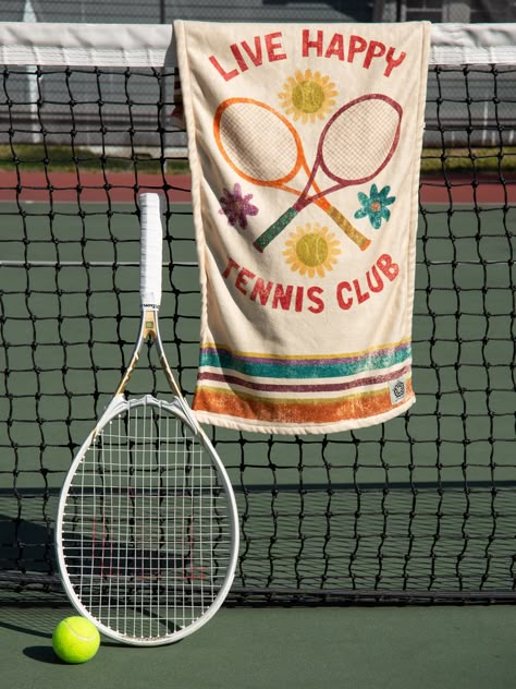 Live Happy Tennis Towel-view1 Tennis Branding, Tennis Club Branding, Tennis Ball Packaging, Beach Tennis Design, Beach Tennis Illustration, Soft Tennis, Rolling Tote Bag, Tennis Towel, Tennis Games