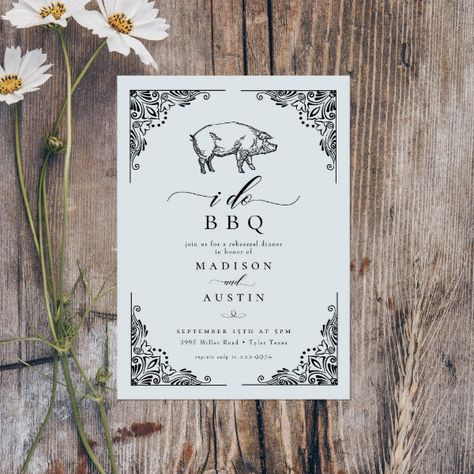 Vintage Rustic Pig I Do BBQ Rehearsal Dinner Invitation Country Casual Wedding, Texas Rehearsal Dinner, The Night Before Wedding, Barbecue Wedding, Vintage Party Theme, Bbq Rehearsal Dinner, Night Before Wedding, Wedding Rehearsal Dinner Invitations, I Do Bbq