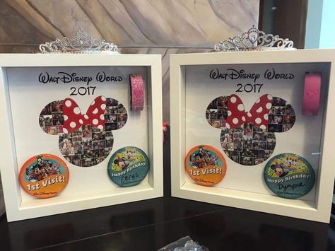 Disney Button Display, Disneyland Shadow Box Ideas, Disney Trip Shadow Box Ideas, Disney Memory Boxes, Disney Box Ideas, Disney Shadow Box Ideas Diy, Disney Picture Frames Diy, Disney Keepsake Ideas, Magic Band Display