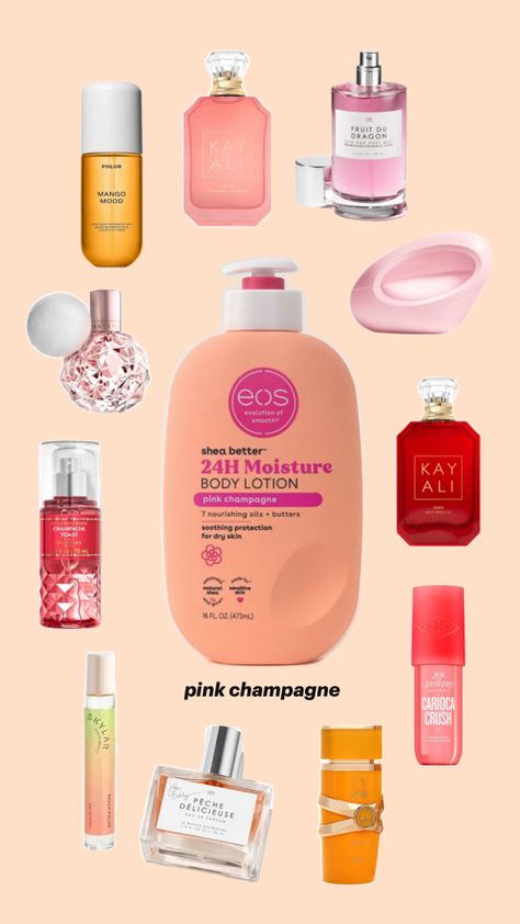 Peach 🍑 Prettiest Pink Champagne Eos Lotion Combo, Fresh And Cozy Eos Layering, 2024 Perfume, Layering Scents, Eos Lotion, Perfume Combos, Scent Combos, Fragrance Lab, Fragrances Perfume Woman