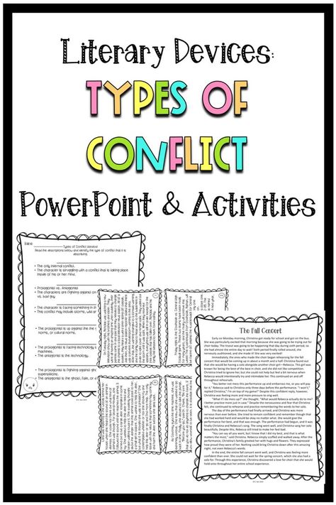 This resource is the perfect introduction to the literary device--conflict! There is a simple PowerPoint presentation that includes youtube links in order to show movie examples of each type of conflict. There are also multiple conflict activities for practice and assessment! #elaconflict #middleschoolela #middleschoolconflictlesson #middleschoolelaresources #graphicorganizers #elataskcards Reading Comprehension Middle School, Paragraph Writing Topics, Middle School Reading List, Teaching Literary Elements, Leveled Reading Passages, Types Of Conflict, Kindergarten Math Worksheets Addition, Activities Middle School, Simple Powerpoint