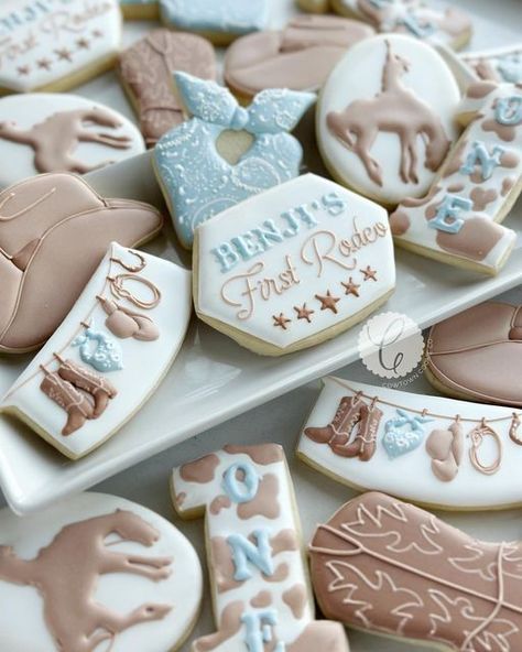 Giddy Up Birthday Party, My First Rodeo Birthday Desserts, First Rodeo Birthday Cookies Boy, First Rodeo Cookies Boy, 1st Rodeo Birthday Cookies, Baby Boy First Rodeo Birthday, First Rodeo Birthday Cookies, Rodeo Birthday Cookies, First Rodeo Cookies