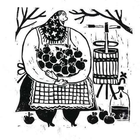 Making Apple Cider, Cider Making, Linocut Prints, Black & White, Linocut, Apple Cider, Cider, Printmaking, Art Inspo