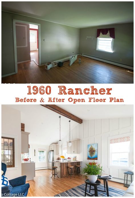 SoPo Cottage: 1960 Ranch Living Room and Open Floor Plan - Before & After Ranch House Additions Ideas, Ranch House Remodel Interior, Small Open Floor Plan, Ranch Style Home Remodel, Ranch Living Room, Ranch House Additions, Small Ranch House, Ranch Home Remodel, Ranch Living