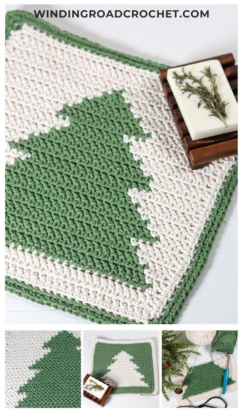 Free crochet pattern for a Evergreen crochet washcloth. Great for winter or cabin style home decor. Pattern can be crocheted in two sizes. Crochet Washcloth Free Pattern, Crochet Washcloth Free, Winding Road Crochet, Dishcloth Patterns Free, Crochet Washcloth Pattern, Crochet Stitches Chart, Crocheted Christmas, Crochet Tree, Half Double Crochet Stitch