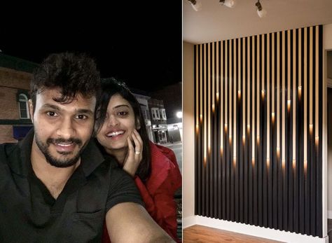 Savvy Couple Quoted £3230 For Light-Up Feature Wall Build It Themselves For £270 Bar Accent Wall Ideas, Accent Wall Staircase, Accent Wall Panels, Wooden Accent Wall, Diy Wood Wall, Wall Art Uk, Office Entry, Funny Ideas, Latest Living Room Designs