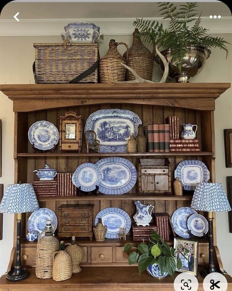 Breakfront Cabinet Styling, What To Put On Top Of China Cabinet, Blue And White Dishes Display, Baskets On Top Of Hutch, Antique Hutch Decorating Ideas, China Cabinet Display Ideas, Living Room Hutch Decorating Ideas, Top Of China Cabinet Decor, Decorating Top Of Hutch