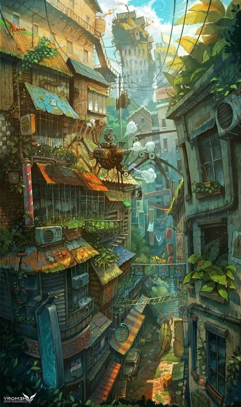 ART: Art Japan Illustration, Arte Cyberpunk, Japon Illustration, Fantasy City, Fantasy Places, Modern Art Paintings, Fantasy Art Landscapes, Fantasy Concept Art, City Street