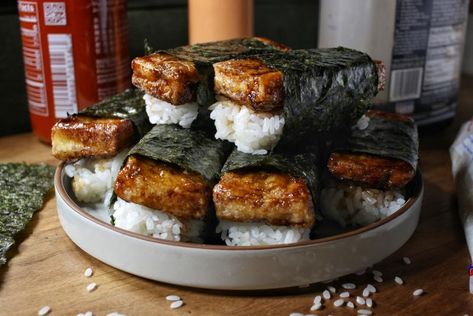 Tofu Musubi - The Buslife Kitchen Tofu Musubi, Hawaiian Snacks, Spam Musubi, Brown Sugar Glaze, Cup Of Rice, Fried Tofu, Rice Balls, Bean Curd, Sushi Rice