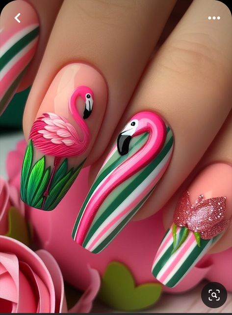 Flamingo Inspired Nails, Tropical Leaf Nails, Flamingo Nails Designs, Pandora Nails, Flamingo Nail Art, Spring Flower Nails, Rockabilly Nails, Animal Nail Designs, Flamingo Nails