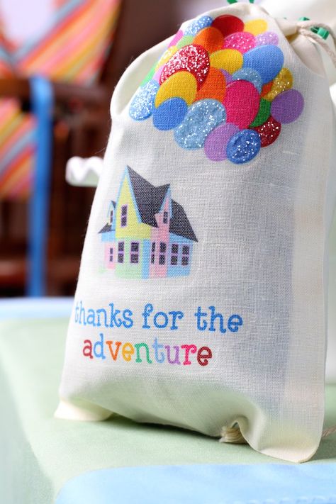 Disney's Up themed birthday party via Kara's Party Ideas : The lovely colourful favor bag Up Themed Birthday Party, Pixar Party, Party Festa, Disney Theme Party, Disney Up, Up Theme, Birthday Disney, Disney Birthday, Disney Party