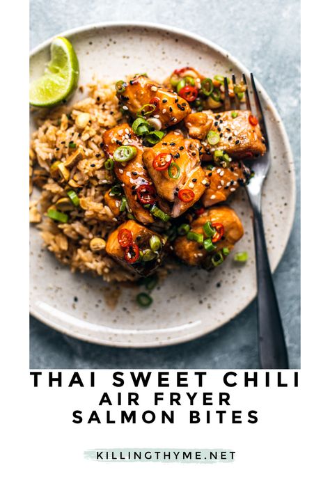 Thai Sweet Chili Air Fryer Salmon Bites #airfryer #salmon #salmonbites #sweetchili #thai #thaichili #30minutedinner #easydinner #weeknightmeal Healthy Salmon Bites, Salmon Air Fryer Bites, Airfryer Salmon Bites, Air Fry Salmon Bites, Air Fried Salmon Bites, Salmon Bites Air Fryer, Air Fryer Salmon Recipes, Airfryer Salmon, Salmon Bites Recipe