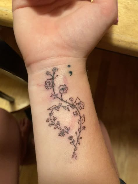 Self Healing Tattoo Ideas Arm, Tattoo For Hope And Strength, Recover(ed) Tattoo, Tattoos For Recovering Ed, Floral Neda Tattoos, Rose Semi-colon Tattoo Ideas, Semi-colon Tattoo Floral, Flower Semi Colon Tattoos For Women, Recover Tattoo