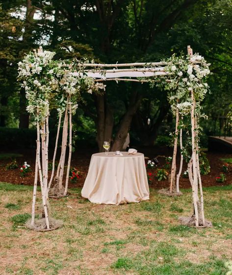 The Most Stunning Chuppahs From Coast to Coast Rustic Chuppah, Birch Chuppah, Chuppah Ideas, Chuppah Flowers, Wedding Chuppah, Jewish Wedding Ceremony, Jewish Weddings, Altar Arrangement, Cottage Wedding