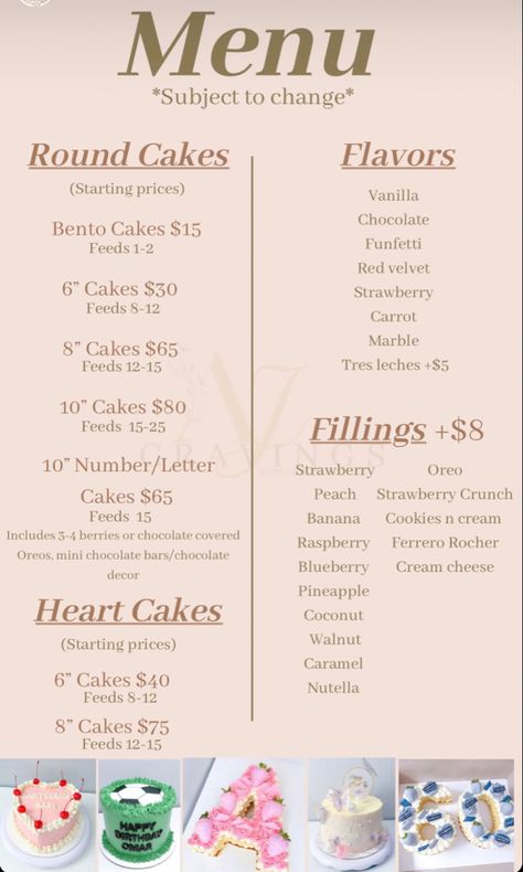 Pricing For Cakes, Home Baker Menu Ideas, Cake Username Ideas, At Home Cake Business, Craft Fair Baked Goods Table, Cake Business Packaging Ideas, Baking Business Menu Ideas, Small Cake Business Ideas, Home Bakery Pricing