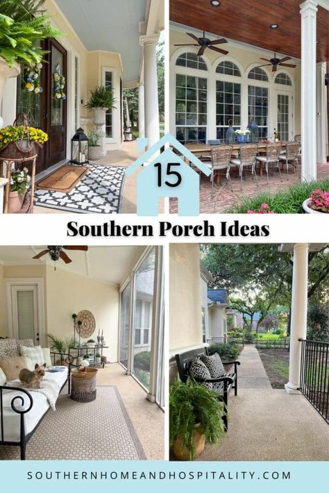 Bring a touch of welcoming Southern hospitality to your home with these porch and patio ideas to create charming, inviting, and relaxing outdoor spaces! Southern Courtyard Ideas, Traditional Front Porch Ideas, Southern Front Porch Decor, Large Front Porch Furniture Ideas, Southern Back Porch, Southern Front Porch Ideas, Porch And Patio Ideas, Southern Home Exterior, Southern Front Porches