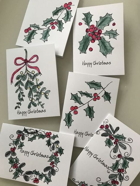 Cute Xmas Drawing Ideas, Pen And Watercolor Christmas, Christmas Painted Cards Handmade, Christmas Card Inspo Watercolour, Diy Christmas Card Drawing, Drawing Christmas Card Ideas, Christmas Cards Astetic, Christmas Cards Colored Pencil, Cute Christmas Cards Handmade Drawing