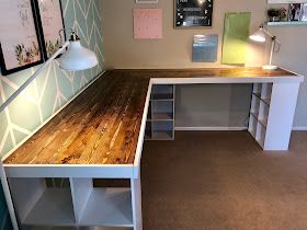 Diy Craft Table From Dresser, Diy Corner Craft Table, Corner Craft Desk Work Stations, Desk Made From Cube Shelves, Craft Work Table With Storage, How To Make A Craft Table, Diy L Shaped Desk With Cube Storage, Craft Room Countertop Ideas, Homemade Craft Table