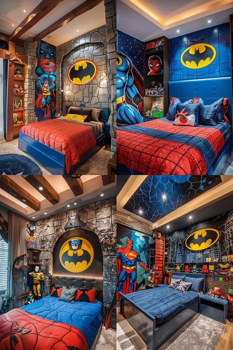 https://trendydesign.co/wp-content/uploads/2024/05/20-Creative-Boys-Bedroom-Ideas-2-1365x2048.webp Hunters Bedroom, Boys Superhero Bedroom, Hunter Bedroom, Batman Bedroom, Marvel Bedroom, Batman Room, Kids Bedroom Boys, Superhero Bedroom, Cool Kids Bedrooms