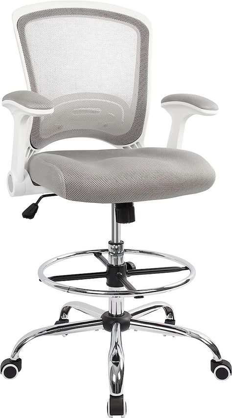 Amazon.com: HYLONE Drafting Chair Tall Office Chair for Standing Desk, Mesh Drafting Stool with Adjustable Foot Ring and Flip-up arms, Grey : Office Products Adjustable Height Chair, Artist Chair Work Spaces, Desk Height Standard, Tall Ergonomic Office Chair, Drafting Stool, Tall Desk, Counter Desk, Grey Office, Foot Ring