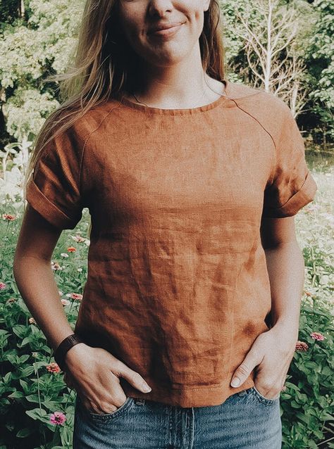 Simple Linen Shirt Pattern, Free Sewing Patterns 2023, Free Linen Top Pattern, Free Linen Shirt Pattern, Raglan Blouse Pattern, Linen Shirt Sewing Pattern Free, Woven Tee Sewing Pattern, Easy Linen Top, Linen Tshirts Woman