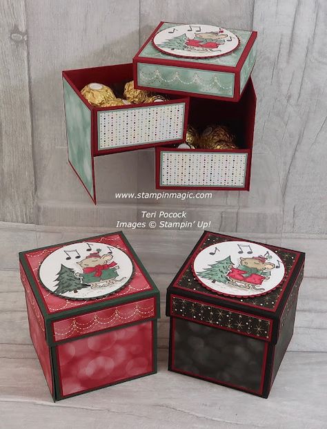 Caroling Mice - 2 Tier Stepper Box - Video Tutorial Stampin Up Christmas Boxes, Stampin Up Gift Boxes Ideas, Stampin Up Boxes Tutorial, Exploding Box Template, Xmas Packaging, Fete Ideas, Box Cards Tutorial, Christmas Treats Holders, Box Video