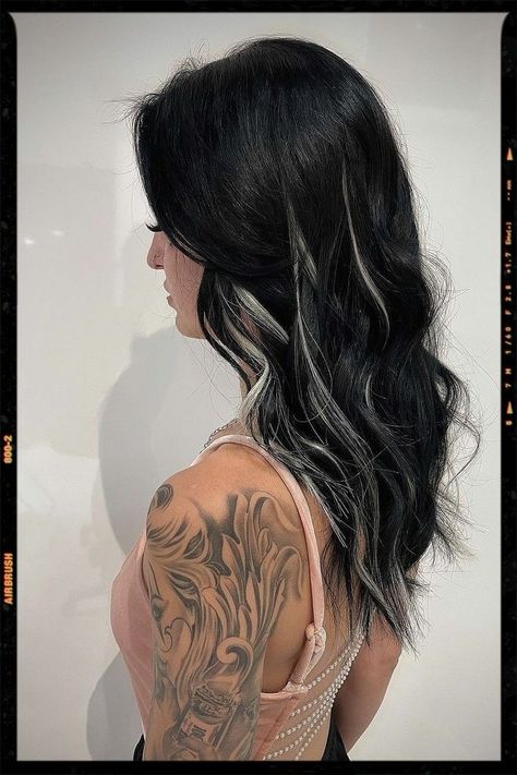 Black With Blonde Peekaboo Highlights, Peekaboo Hair Sliver, Black Hair With Silver Peekaboo, White Highlights With Black Hair, Black W Highlights Hair, Black Hair Dye Ideas Highlights, Black Hair W White Highlights, Black And White Hair With Curtain Bangs, Hair Color Ideas Black And White