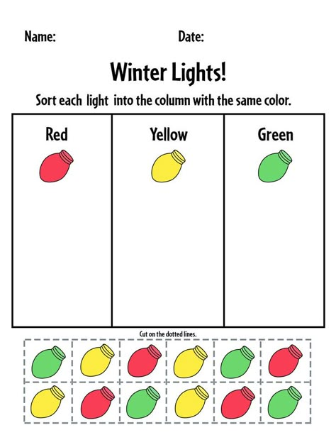 Print your Free Winter Color Sorting Sheet for Preschool! December Worksheets for Preschool | Winter Lights Color Sorting Sheet | Color Learning for Preschool Winter Weather Preschool Crafts, Christmas Preschool Math Worksheets, Fine Motor Holiday Activities, Special Needs Learning Activities, Winter Theme Math Activities Preschool, January Small Group Activities Preschool, Christmas Themed Learning Activities, Christmas Worksheets Toddlers, Christmas Preschool Learning Activities