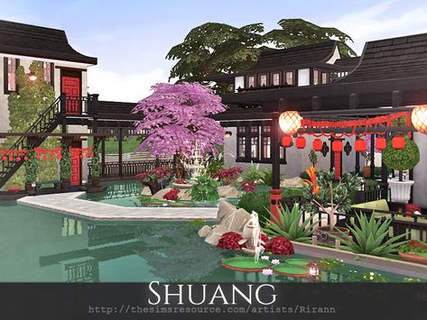 Shuang is a Chinese style home for a middle sim family. Found in TSR Category 'Sims 4 Residential Lots' Sims 4 Asian House, Sims 4 Japanese House, Inside Living Room, Sims Hairstyles, Chinese Mansion, Indonesian House, Sims 4 Mac, Ts4 Builds, China House