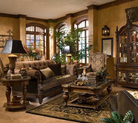 Michael Amini Vizcaya Living Room Collection Tuscan Living Room Ideas, Tuscan Style Living Room, Tuscan Living Rooms, Tuscan Interior, Tuscany Decor, Old World Decor, Furnitur Ruang Keluarga, Tuscan Home, Tuscan Decor