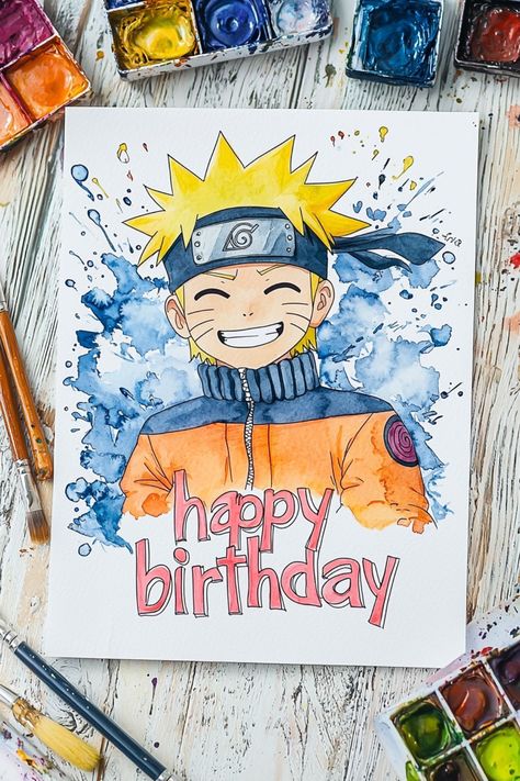 Vibrant Naruto-inspired happy birthday watercolor drawing with colorful paint jars and brushes. Anime Birthday Card Ideas, Birthday Sketch Art Drawings, Birthday Celebration Drawing, Birthday Painting Ideas On Canvas, Anime Birthday Cards, Naruto Watercolor, Watercolor Drawing Ideas, Naruto Happy, Aesthetic Happy Birthday