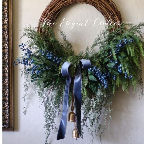 Christmas Wreath Blue, Blue Themed Christmas, Elegant French Farmhouse, Blueberry Wreath, Jingle Bell Wreath, Bell Wreath, Winter Greens, Holiday Wreaths Christmas, Blue Christmas Decor