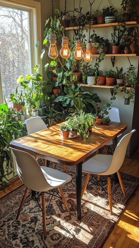 Mid-century modern dining room featuring a wooden table, white chairs, green plants, and a chandelier under warm sunlight. Bohemian Kitchen Tables, Cozy Dining Room Aesthetic, Bohemian Kitchen Table, Small Dining Area Ideas, Boho Kitchen Table, Bathroom Wallpaper Trends, Functional Kitchen Island, Dining Room Simple, Light Bulb Chandelier