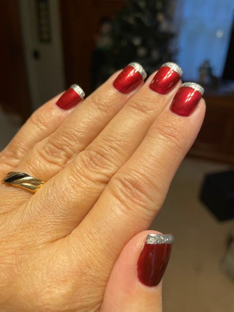 Red Nails With Silver Tips, Red Nails Silver Tips, Red Nails Silver Glitter, December Dip Nails, Red And Silver Nail Designs, Red And Silver Nails, Nail Polish Art Designs, Silver Nail Polish, Silver Nail Designs