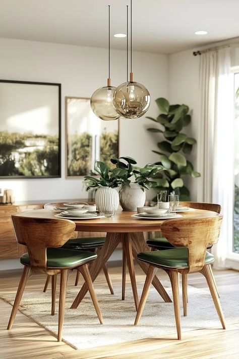 40 Stunning Mid Century Modern Dining Room Decor Ideas | VIVA Light Fixture Dining Table, Scandi Boho Dining Room, Eclectic Boho Dining Room, Mid Century Modern Boho Dining Room, Mid Century Table Setting, Modern Kitchen And Dining Room Ideas, Modern Cozy Dining Room, Dining Area Wall Design, Mid Century Modern Ideas